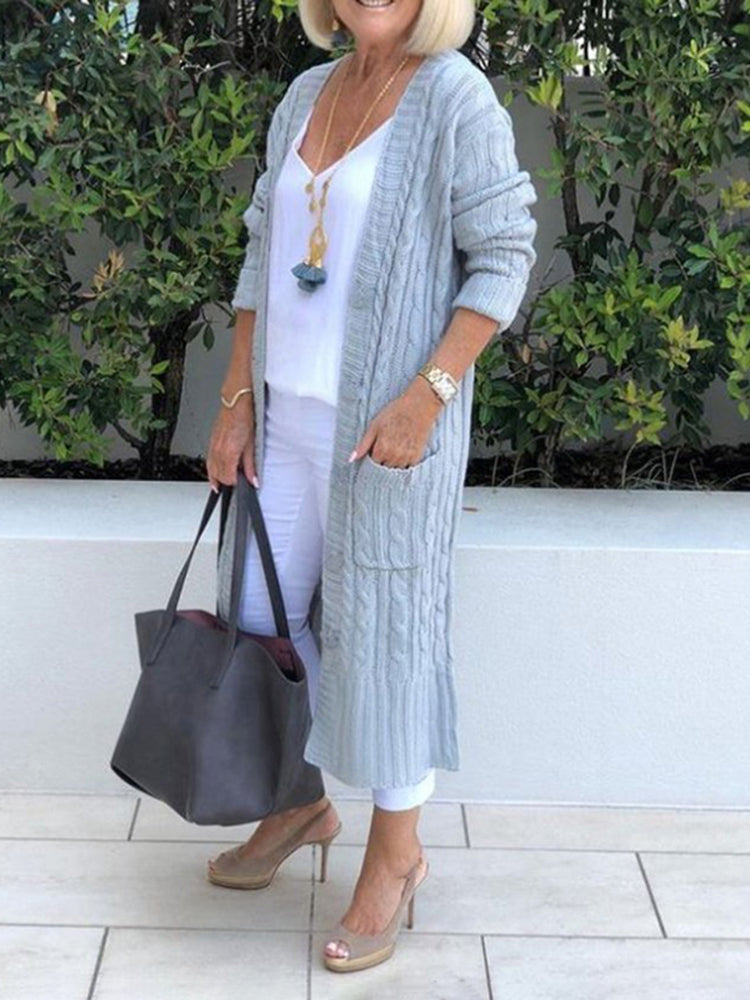 Casual Long Double Pocket Twist Sweater Cardigan