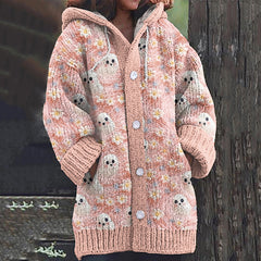 Vintage Daisy Ghost Embroidered Knit Hooded Cardigan