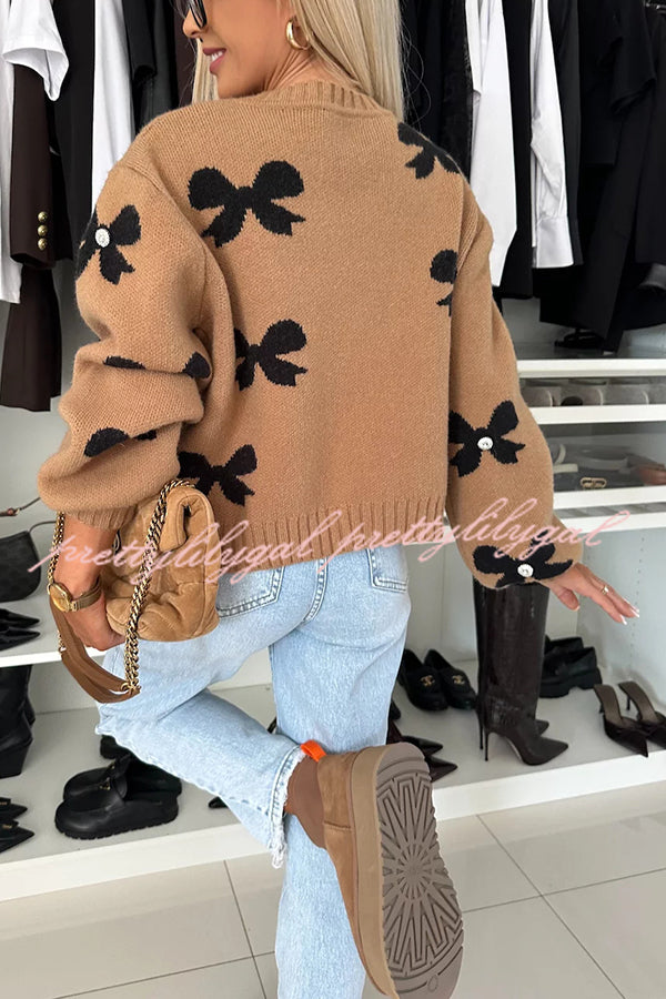 Vernie Knit Jewelry Pendant Bow Pattern Front Tie-up Long Sleeve Loose Cardigan