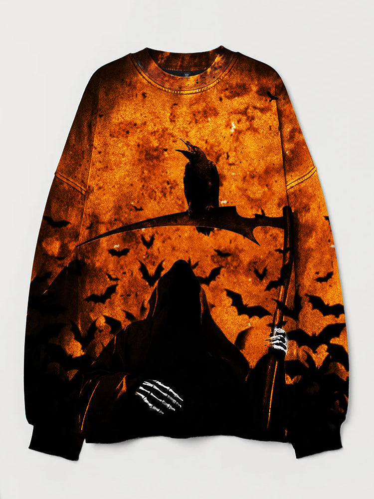 Grim Reaper & Raven Art Vintage Halloween Washed Sweatshirt