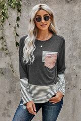Women's Gray Stripe Pocket Sequins Splicing O-neck Long Sleeve Top