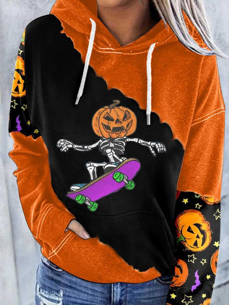 Halloween Pumpkin Face Print Long Sleeve Hoodie