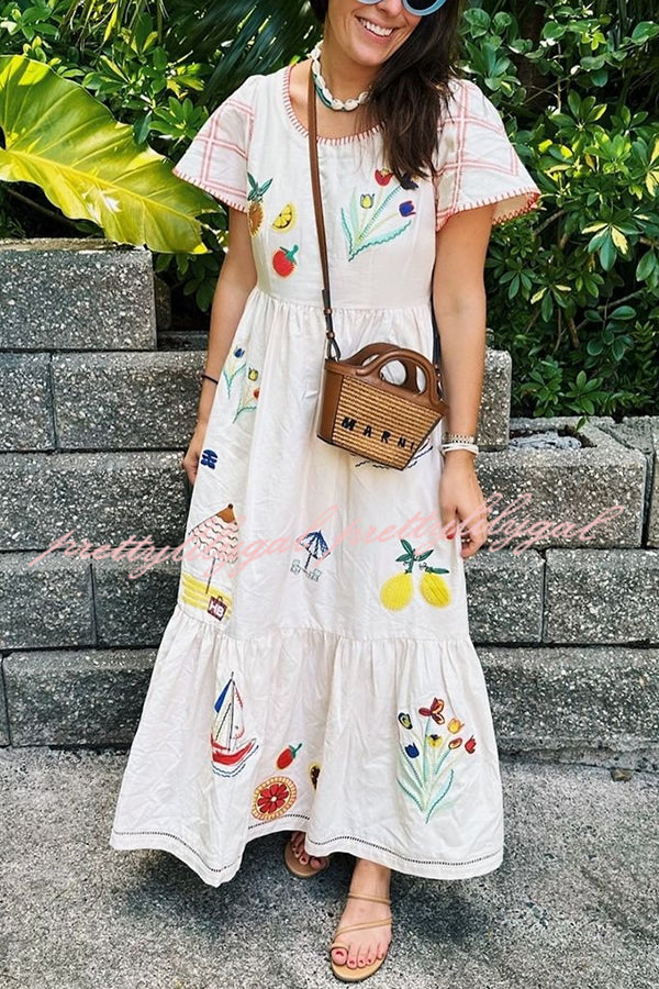 Summer Resort Printed Round Neck Bell Sleeve Maxi Dress