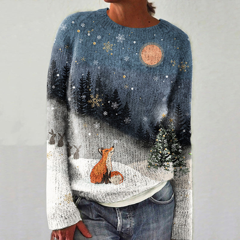 Forest Fox Print Women's Crew Neck Sweater
