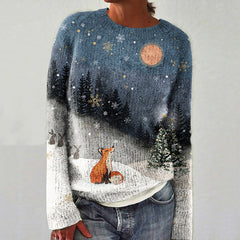 Forest Fox Print Women's Crew Neck Sweater
