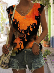 Halloween Black Cats Art V Neck Tank Top