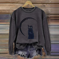 Retro Cat Print Crew Neck Sweatshirt