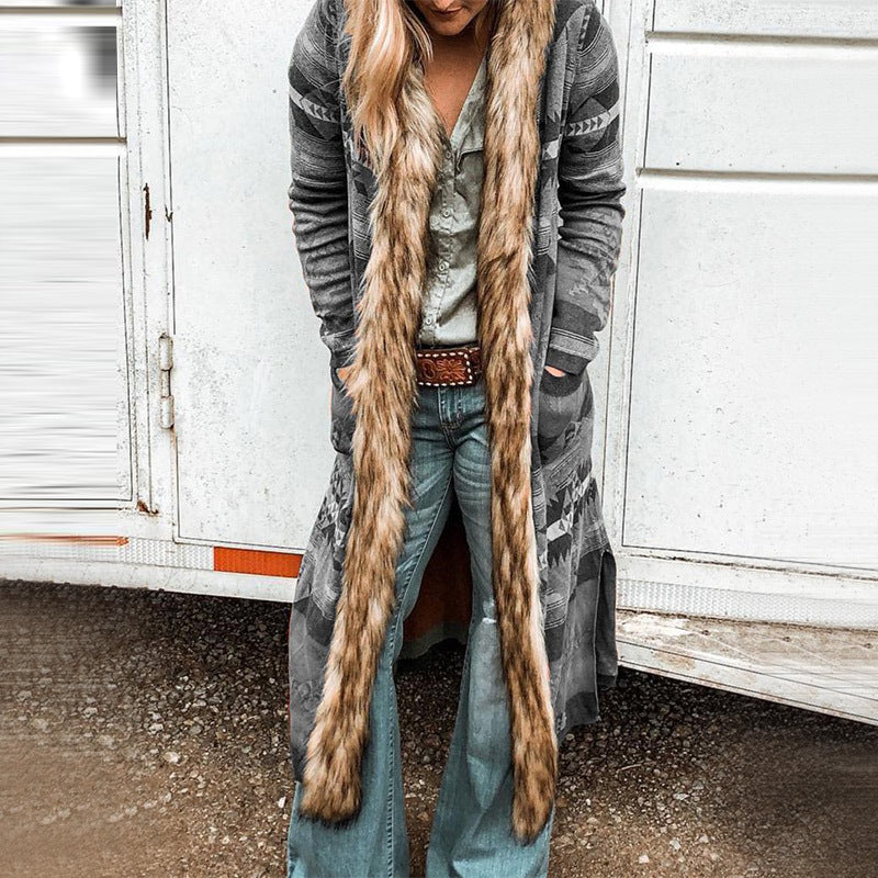 Western Style Retro Fur Collar Long Cardigan Jacket