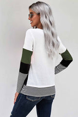 Women's Green Stylish Colorblock Splicing Stripes Long Sleeve Top