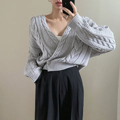 V-Neck Sweater Cropped Linen Pattern Knit Sweater