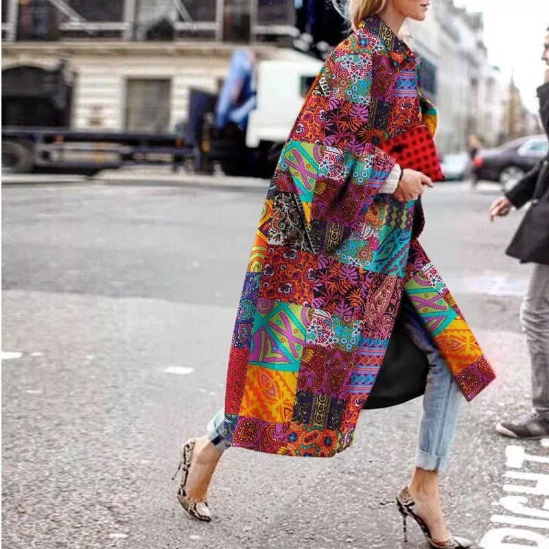 Fashion printed color loose long coat