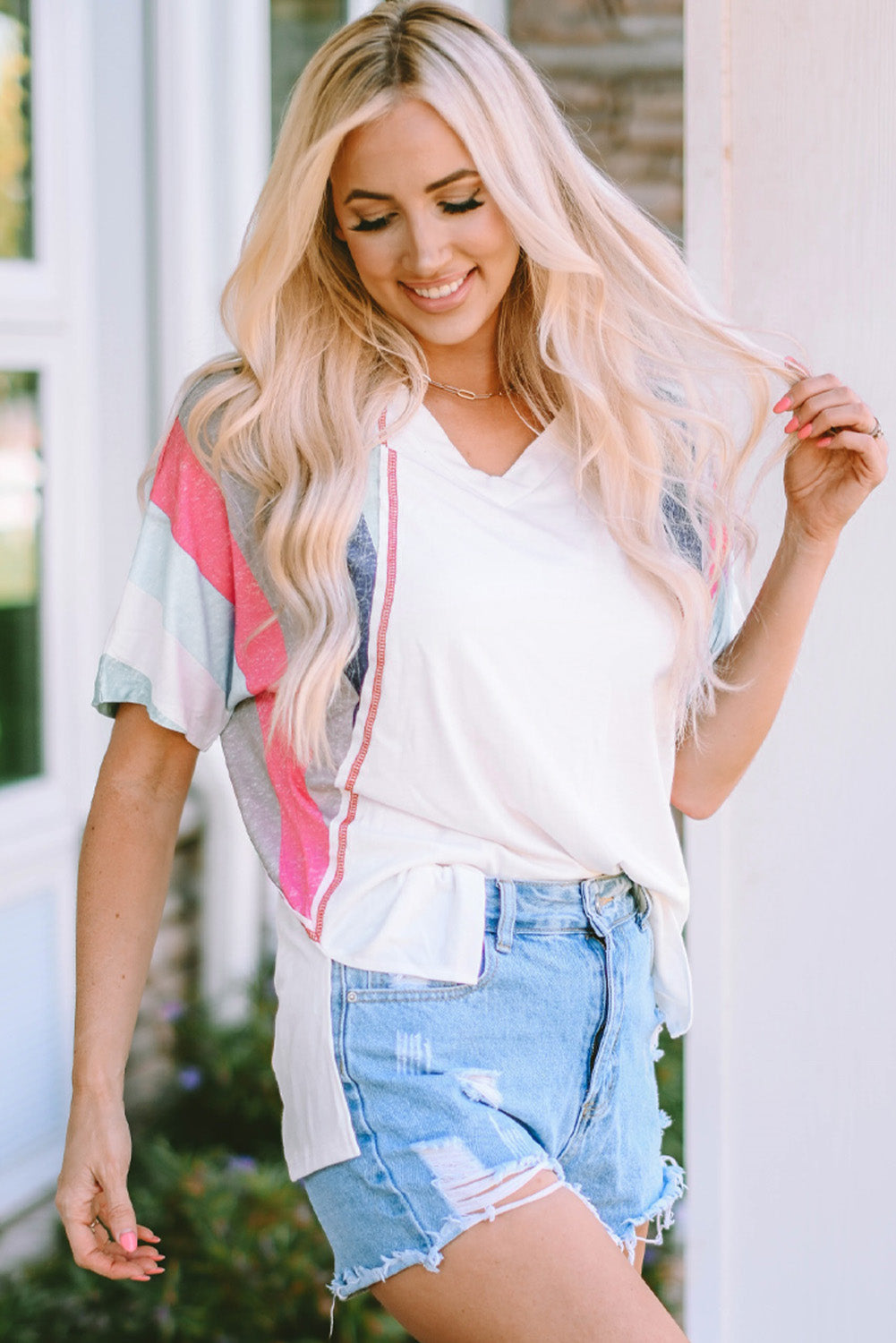 Women's White Stripe Patchwork T Shirt