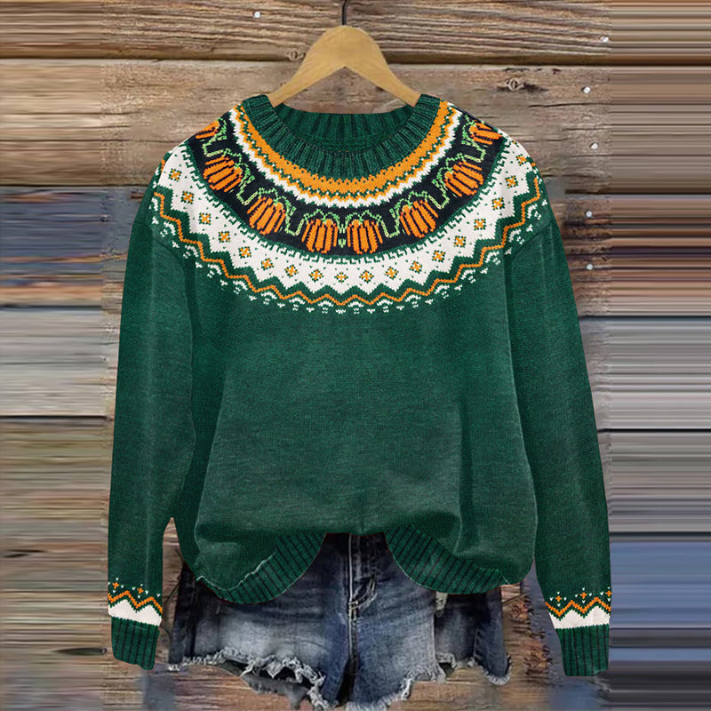 Halloween Pumpkin Ethnic Print Knitted Pullover Sweater