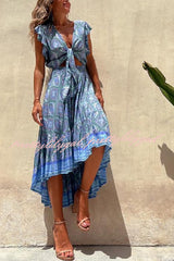 Libby Hippie Boho Printed Tie Front Ruffle Sleeve Smocked Waist Midi Dress