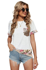 Women's White Sequins Accent Floral Splicing Short Sleeve Casual Tee