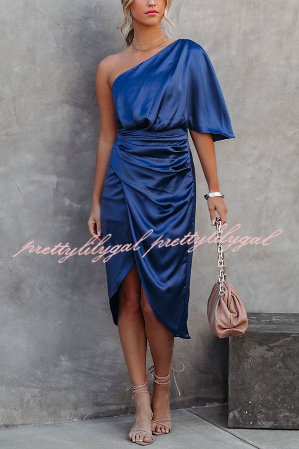Glam Expectations One Shoulder Satin Drape Dress