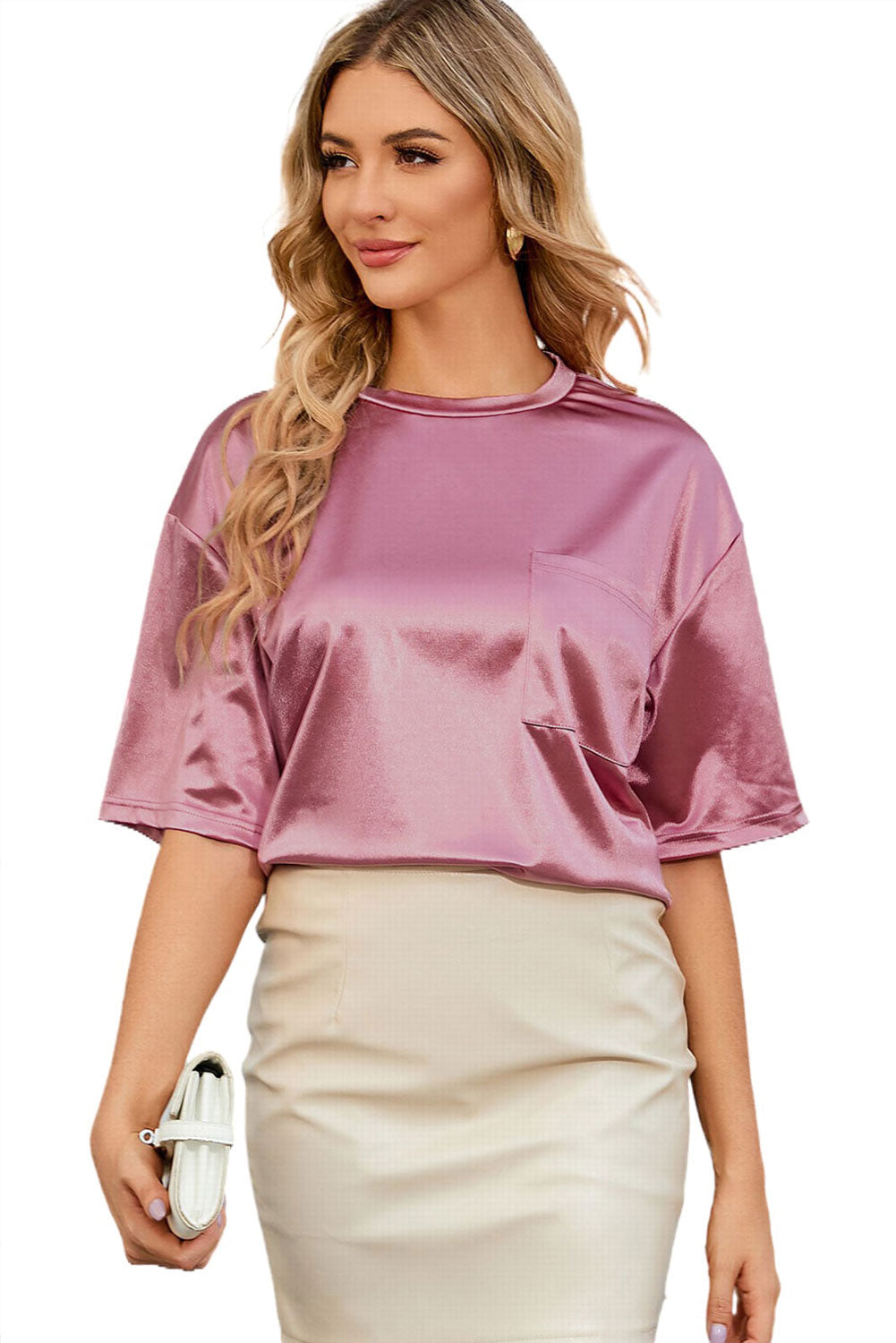 Women's Pink Chest Pocket Loose Fit T Shirt