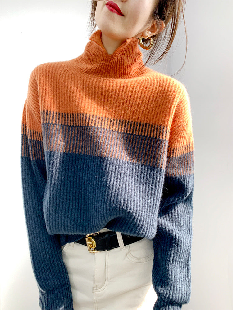 Turtleneck Versatile Gradient Contrast Knit Sweater