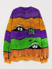 Halloween Peeking Monster Colorblock Washed Sweatshirt