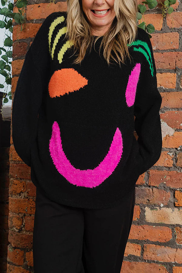 Feel Good Knit Colorful Smiley Face Loose Pullover Sweater