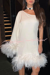 Vegas Living One Shoulder Feather Hem Party Mini Dress