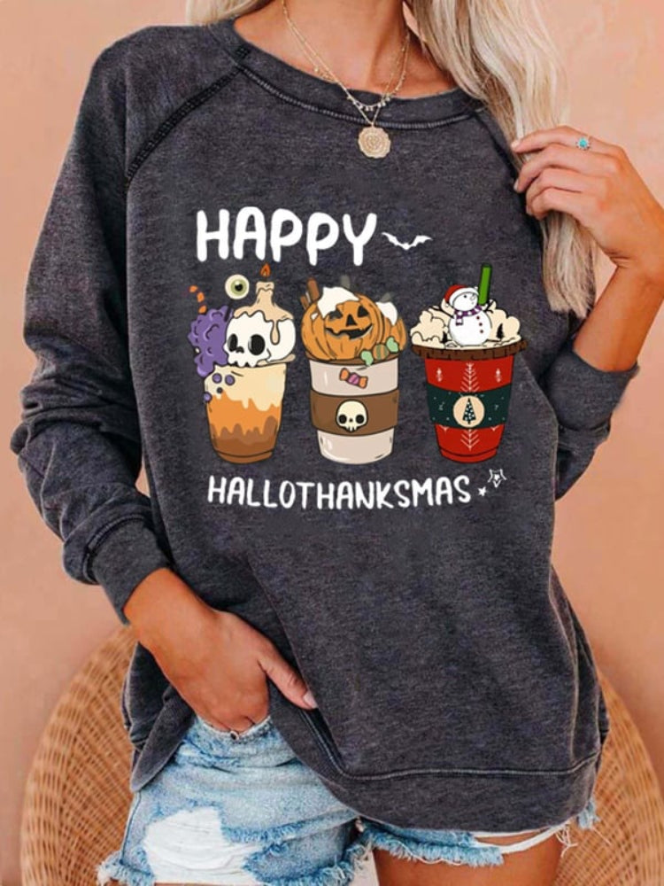 Happy Hallothanksmas Coffee Print Casual Sweatshirt