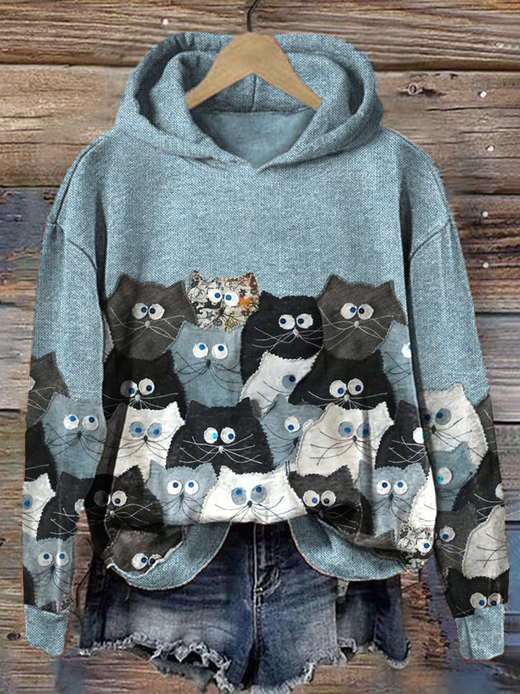 Denim Patchwork Cats Pattern Cozy Hoodie