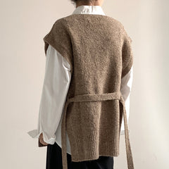 V-Neck Slit Belt Soft Waxy Sweater Jacket Vest