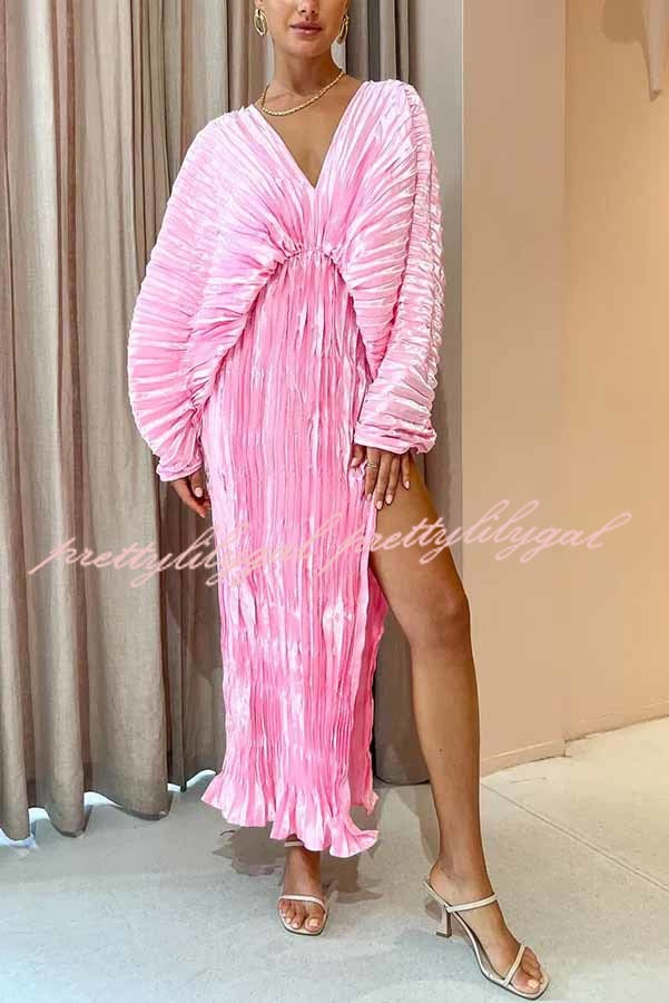 Sculpturally Luxurious Kimono Sleeve Pleated Cocoon Maxi Dress