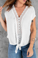 Women's White V Neck Lace Tee with Knot