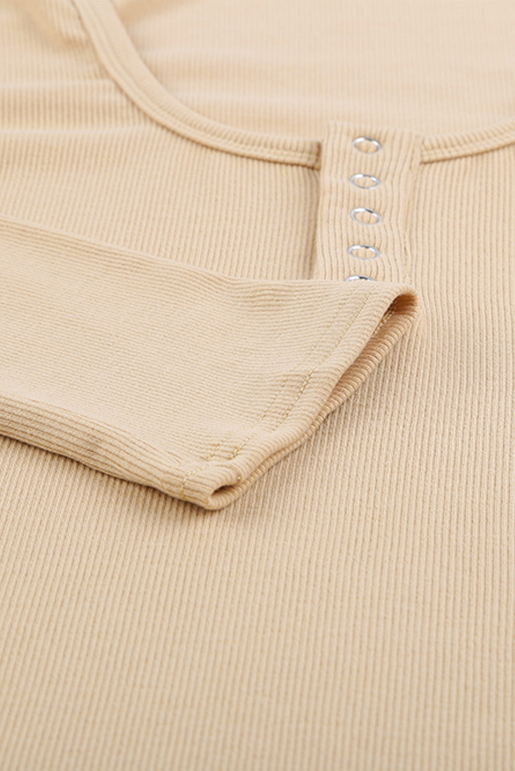 Women's Khaki U Neck Button Knit Long Sleeve Top