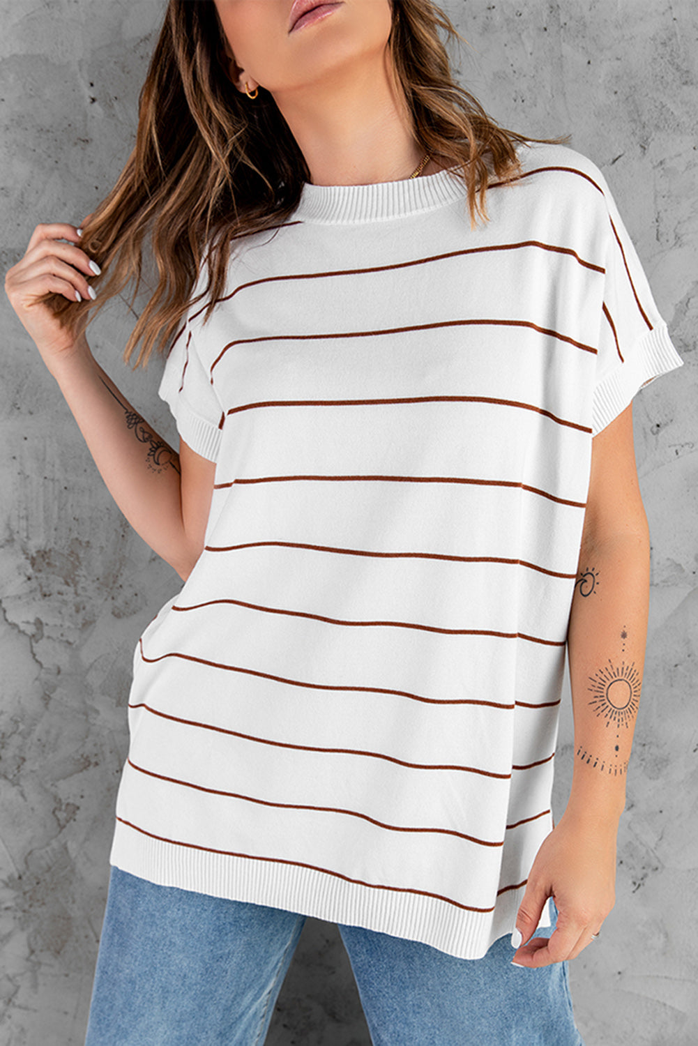 Women's Striped Knit Sweater Short Sleeve Top