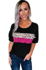 Women's Black Leopard Color Block Short Sleeve Tee