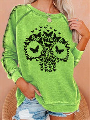 Butterflies Skull Stitched Sleeve Graphic Sweatshirt