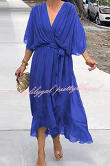 Solid Color V-neck Bat Sleeve Lace-up Irregular Hem Midi Dress