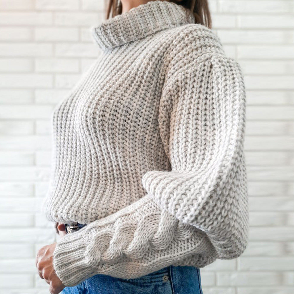 Puffed sleeves loose slouchy high neck knit top