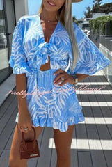 Zebra Print Ruffled Sleeves Dropped Sleeves V Neck Tie High Waist Romper