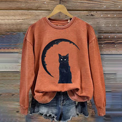 Retro Cat Print Crew Neck Sweatshirt