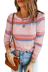 Women's Pink Stripe Print Crew Neck Top