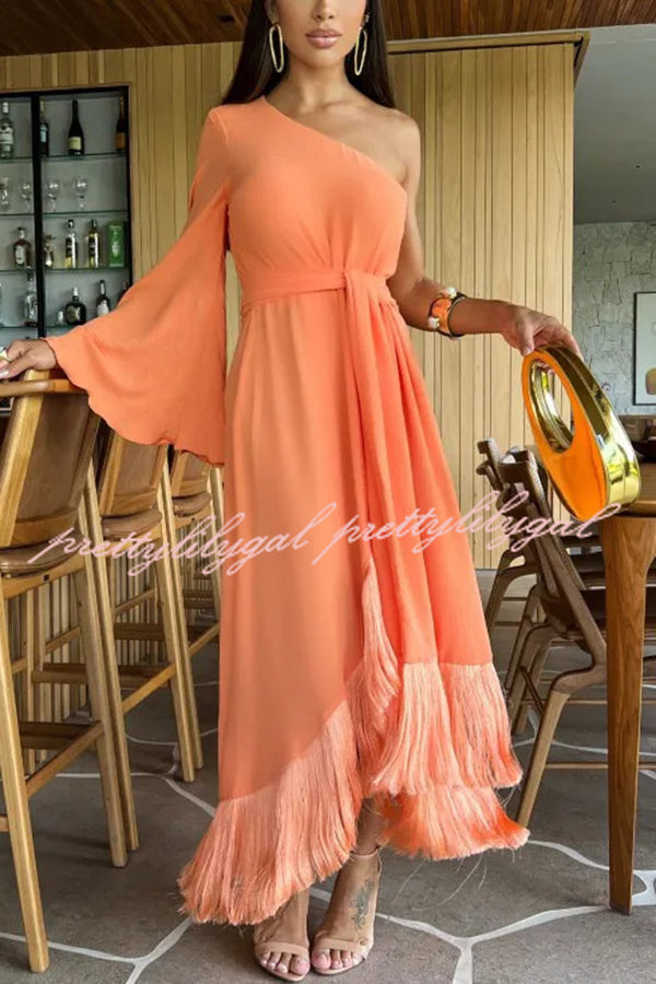 Solid Color One-sleeve Waisted Lace-up Fringed Hem Elegant Maxi Dress