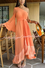 Solid Color One-sleeve Waisted Lace-up Fringed Hem Elegant Maxi Dress