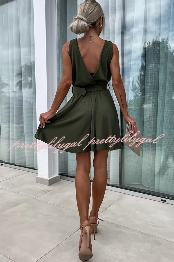 Fashionable V-neck Backless Suspender Belt Mini Dress