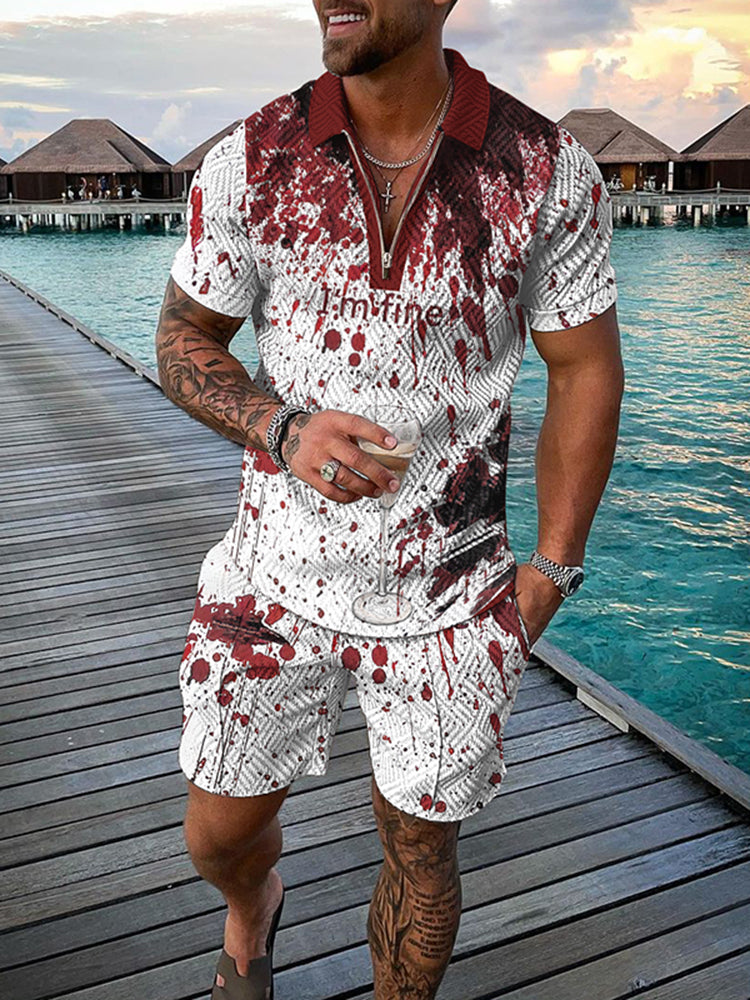 Men's Halloween I'm Fine Funny Print Short Sleeve Polo Shirt And Shorts Co-Ord
