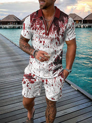 Men's Halloween I'm Fine Funny Print Short Sleeve Polo Shirt And Shorts Co-Ord