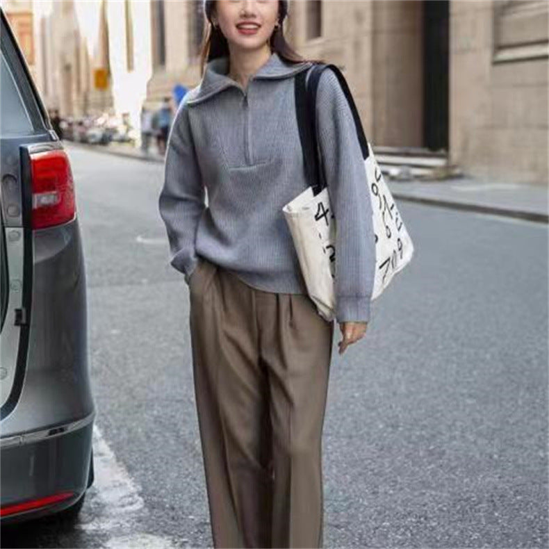 Two Wear Half Zip Large Lapel Soft Waxy Sweater