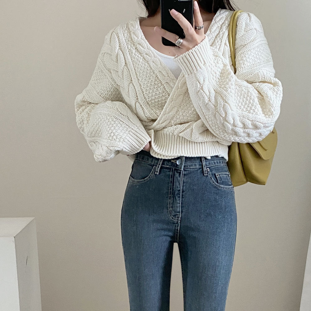 V-Neck Sweater Cropped Linen Pattern Knit Sweater