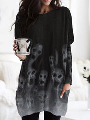 Women's Halloween Vintage Skull Print Pocket Long Sleeve Tunic