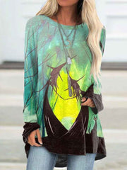 Weird Witch And Black Cat Print Long Sleeve Tunic