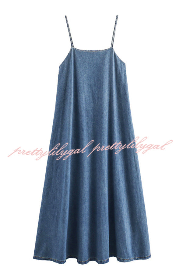 Tenaya Denim Back Elastic A-line Loose Slip Maxi Dress