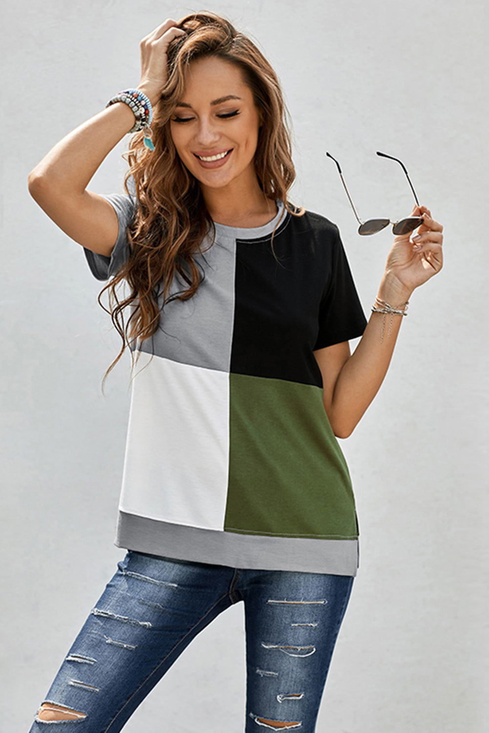Women's Casual Army Green Colorblock Short Sleeve T-shirt with Slits